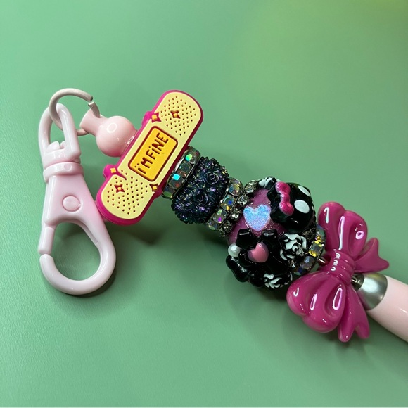 Pink & Black Emo Handmade Beaded Keychain Pen with “I’m Fine” Bandage Bead - Picture 2 of 6